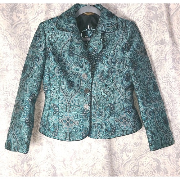 Hannah & Gracie Jackets & Blazers - Hannah & Gracie Teal Paisley Textured Blazer Jacket Womens 0P Petite Cropped EUC